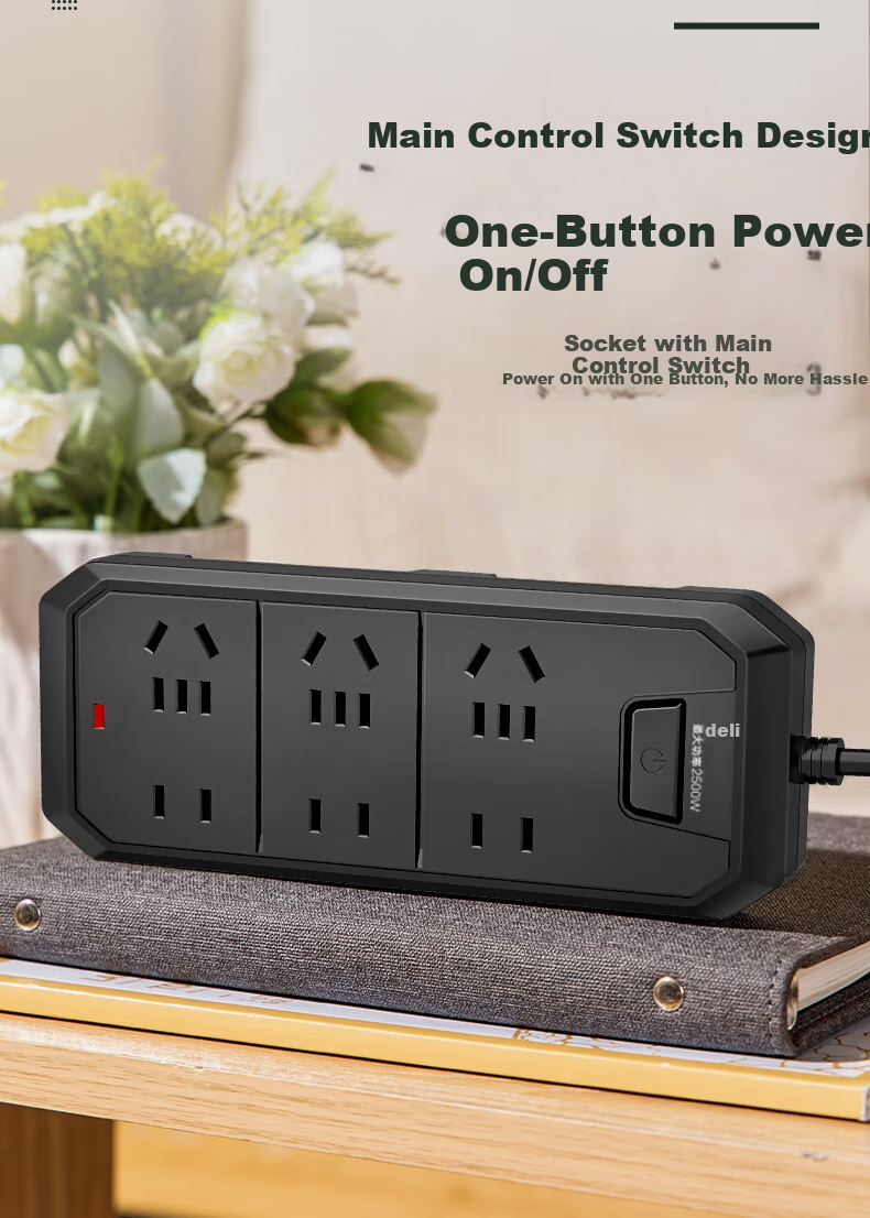 Deli 3C Certified National Standard Safe Power Strip, Extension Cord/Power Bar/Power Board/Surge Protector, 6 Outlets 3 Meters, Master Switch, Black, 18341(03) 12
