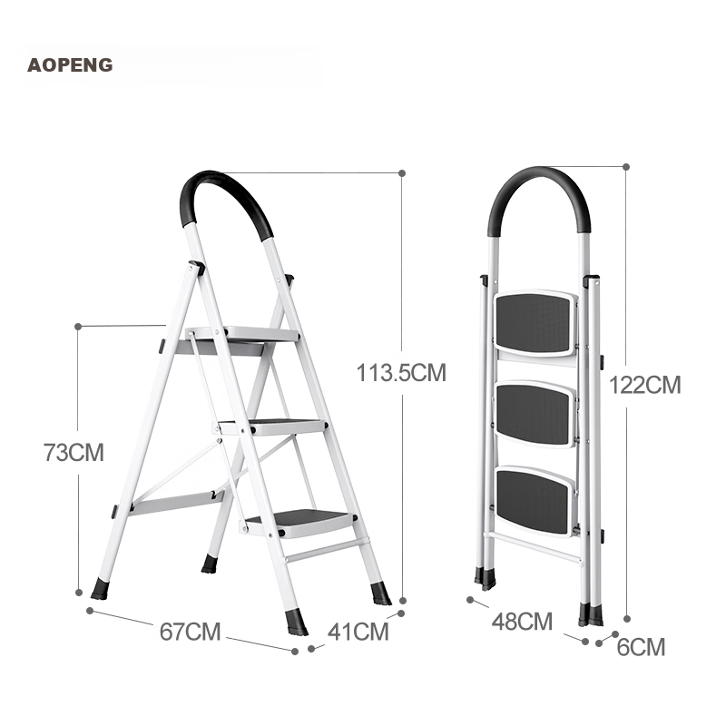AOPENG Ladder, Household A-Frame Ladder, Single-Sided Folding Ladder with Wide Steps, Indoor Three-Step Ladder for Home Use, Model 1263