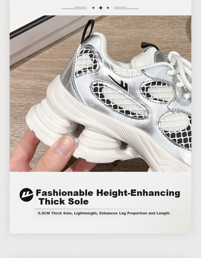 Huili Official Women's Shoes, 2026 Spring Thick-Soled Dad Shoes, Height-Increasing Sports Casual Shoes for Women, Silver White Black, Size 36 8