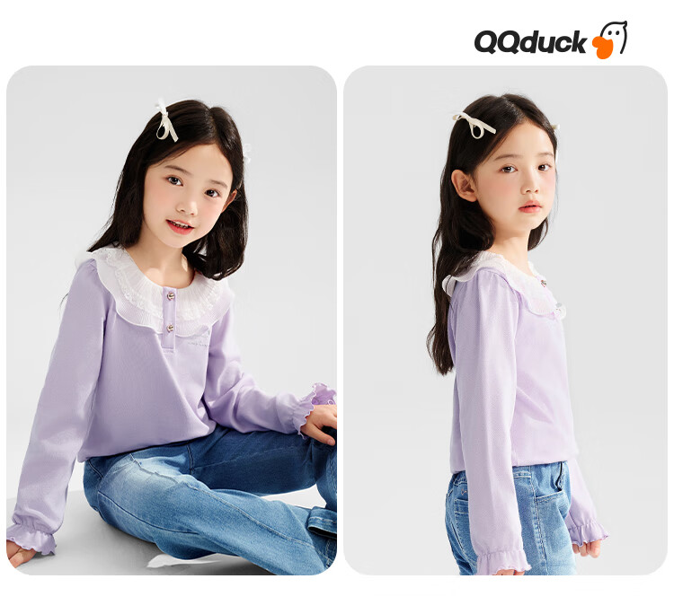 QQ DUCK Children's Clothing Long Sleeve Girls' Polo Shirt Top Youth Clothing Mesh Doll Purple; 120 10