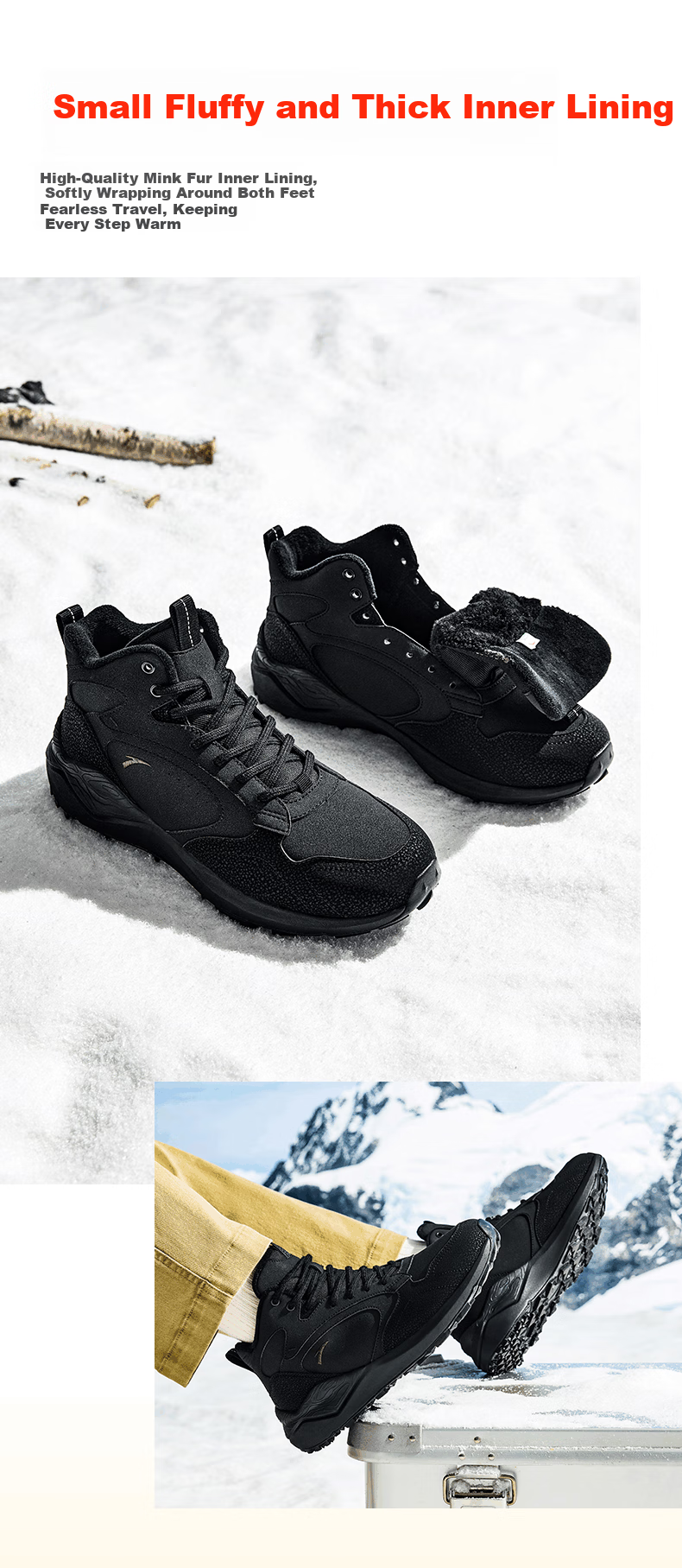 ANTA Cotton Shoes, Casual Shoes for Men, Winter Leather Upper, Fleece-Lined, Thickened, Warm, Platform Heels, Durable Sneakers 6