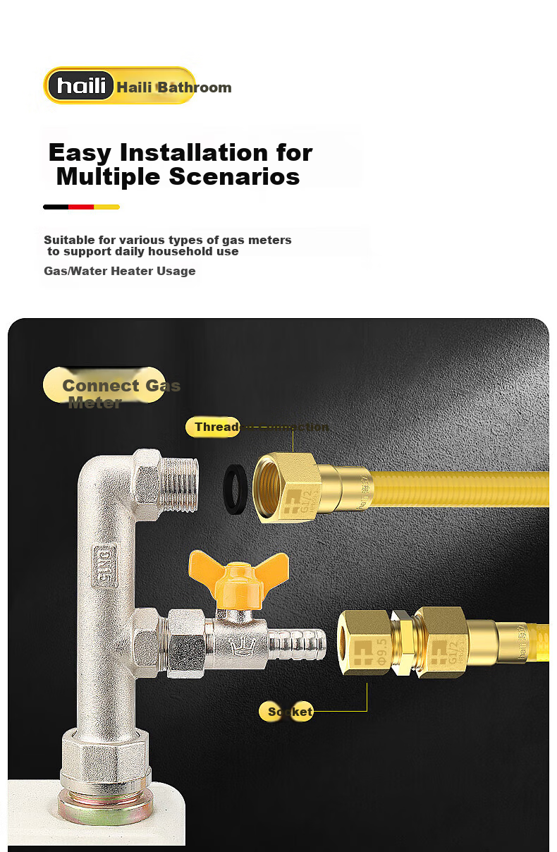 Haili 1.5-Meter Natural Gas Dedicated Flexible Pipe, Corrugated Pipe, National Standard 304 Stainless Steel Gas Stove And Water Heater Connection Hose 15