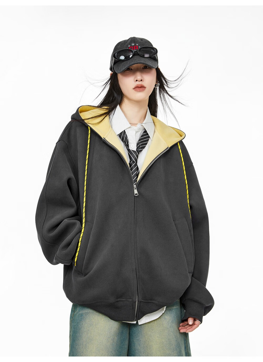 ICH MODE Women's Hoodie American Vintage Loose Fit Zip-up Sweatshirt Spring Autumn New Light Heather Gray L 46