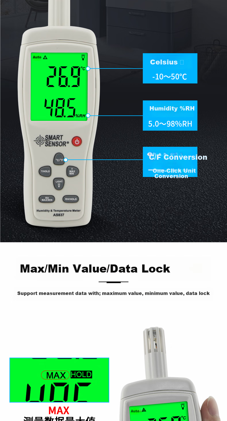 Xima AS837 Temperature And Humidity Meter, High-Precision Integrated Temperature And Humidity Detector, Industrial And Home Use Thermometer And Hygrometer 3