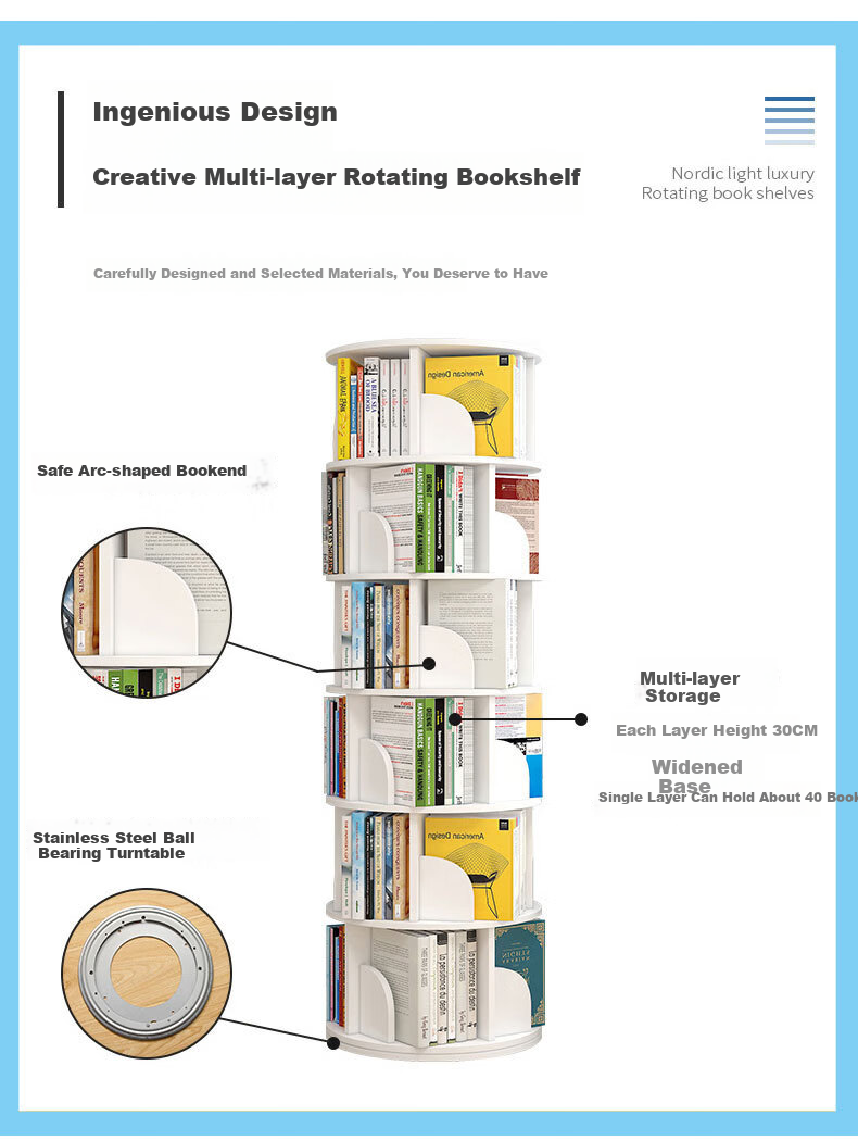 Yijia Rotating Bookshelf, 360-Degree Floor-Standing Student Creative Storage Bookcase, Multi-Layer Organizer Rack, White, Five-Tier 6