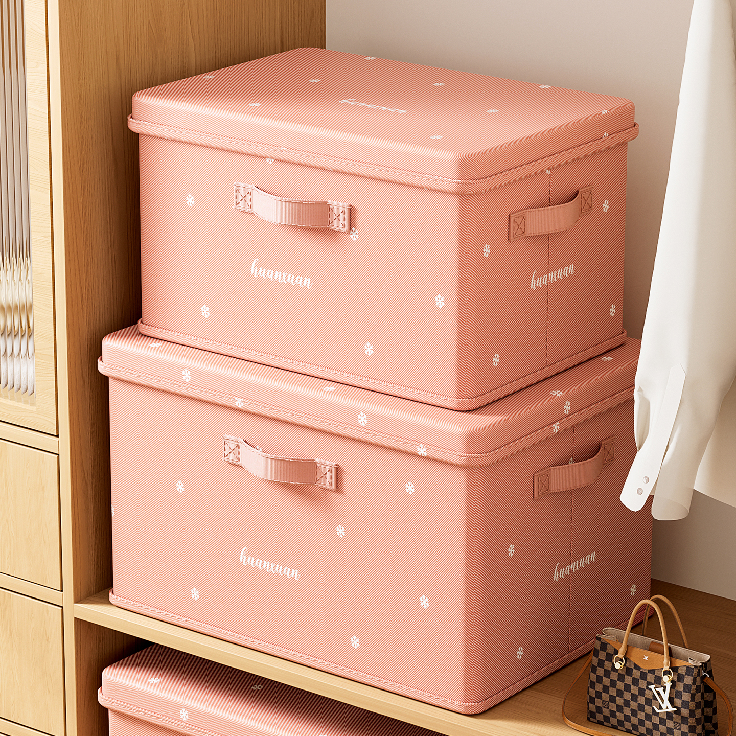 Natural House Clothes Storage Box Washable Wardrobe Layered Pants Organizer with Handle Pink - Large