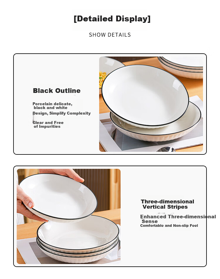 Hechuanwu Ceramic Plates, 8-Inch Pure White Simple Dishes for Home Use, Serving And Soup Plates, Set of 4, Vertical Black Lines 6