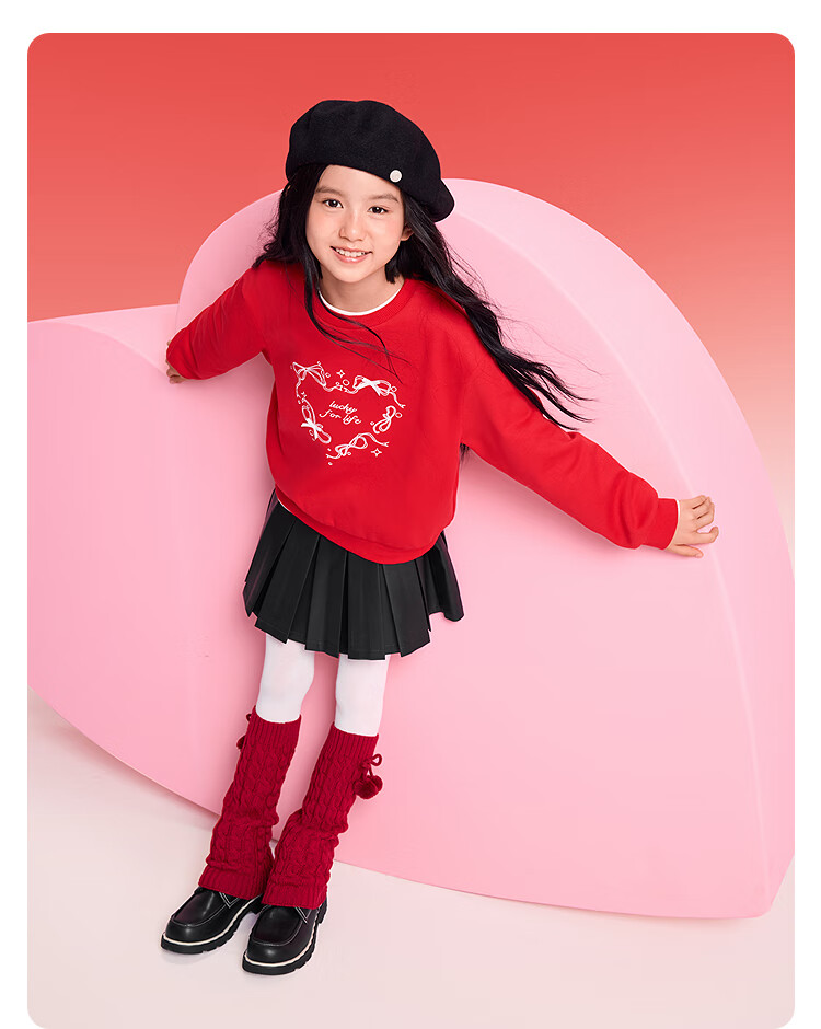 Balabala Kids Sweatshirt Girls 2025 New Spring Fleece Lined Long Sleeve Top Youth Red New Year Outfit 2