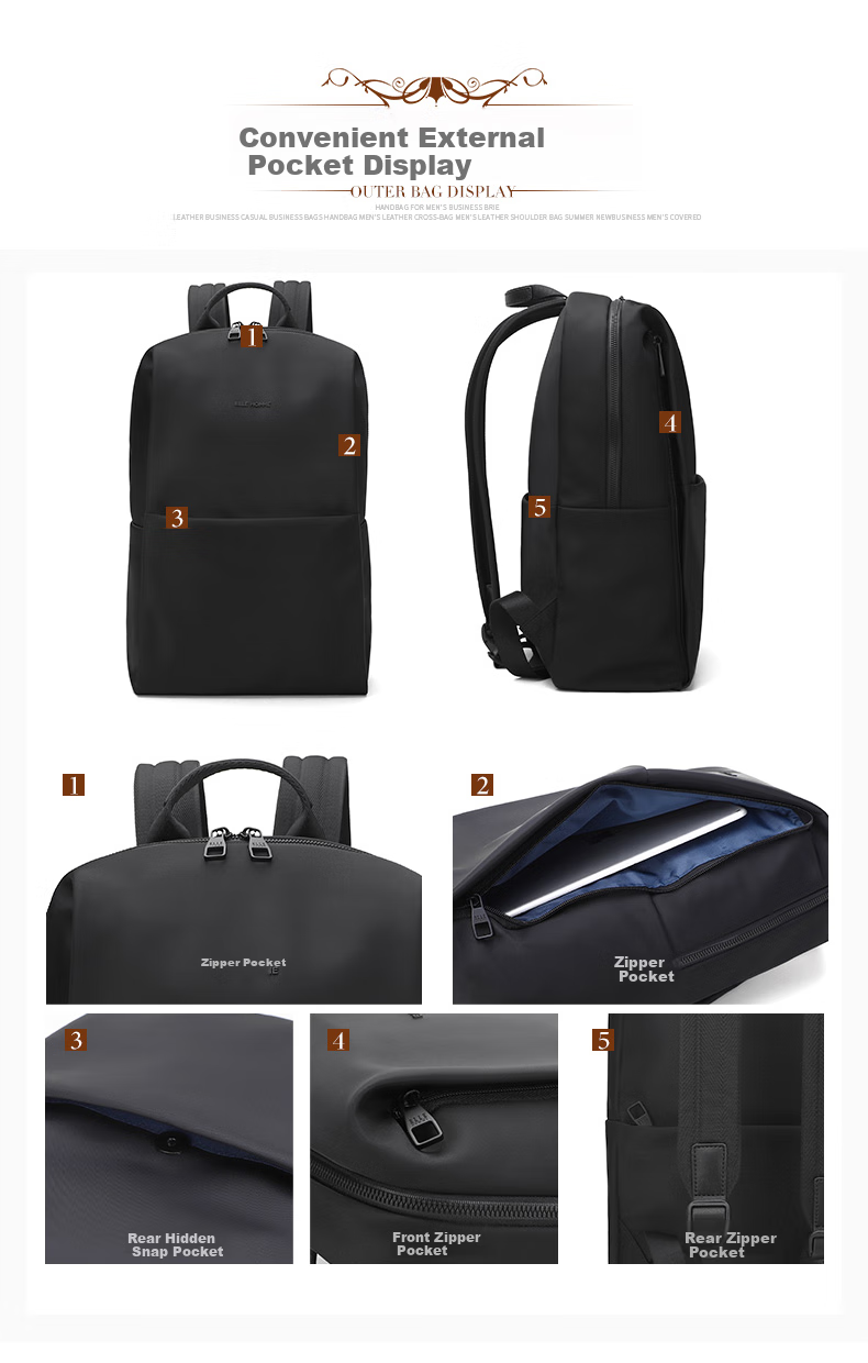 ELLE HOMME Men's Backpack, Fashionable Large Capacity Backpack, 14-Inch Laptop Bag, Lightweight Nylon Fabric, 08760 Black 7