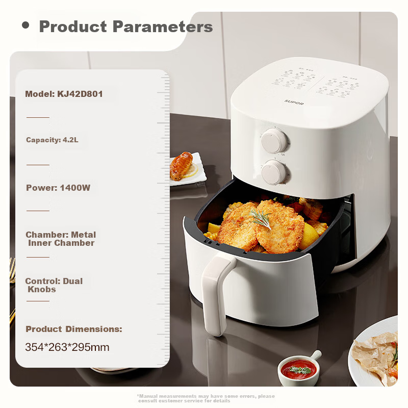 SUPOR Air Fryer with No-Flip Function, Home Automatic Multi-Function Steaming, Baking And Frying All-In Machine with Metal Interior, No Need to Flip Food, Steam Tenderizing And Deep-Frying, KJ42D801