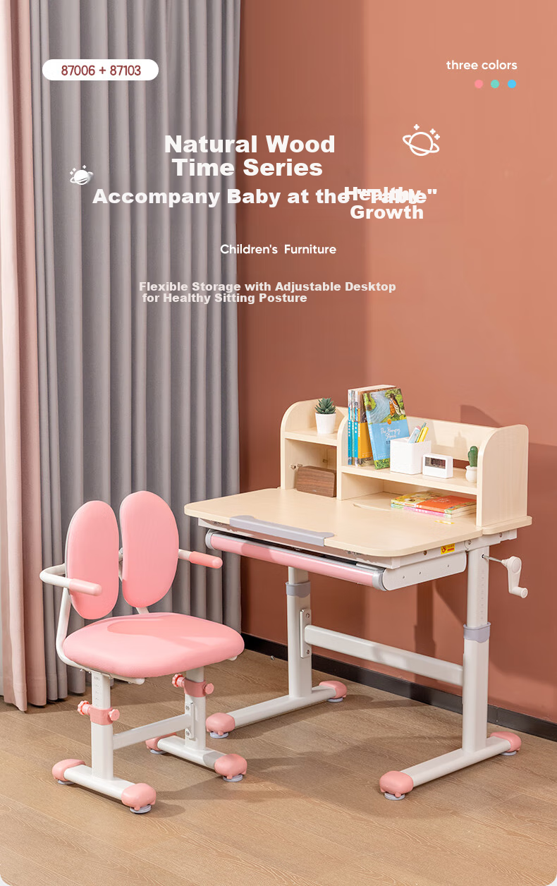 Deli KF503-S Children's Study Desk And Chair Set, School Desk And Chair for Students, Home Writing Desk And Homework Chair with Adjustable Height (Pink) 1