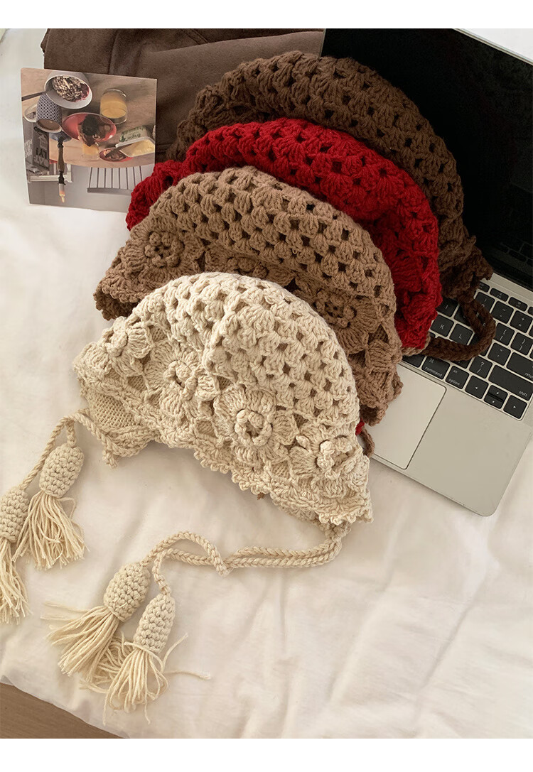 Ning'an Flower Tassel Red Wool Knit Beanie Women Autumn Winter Ear Protection Slim Face Chuanxi Travel Pullover Hat 11