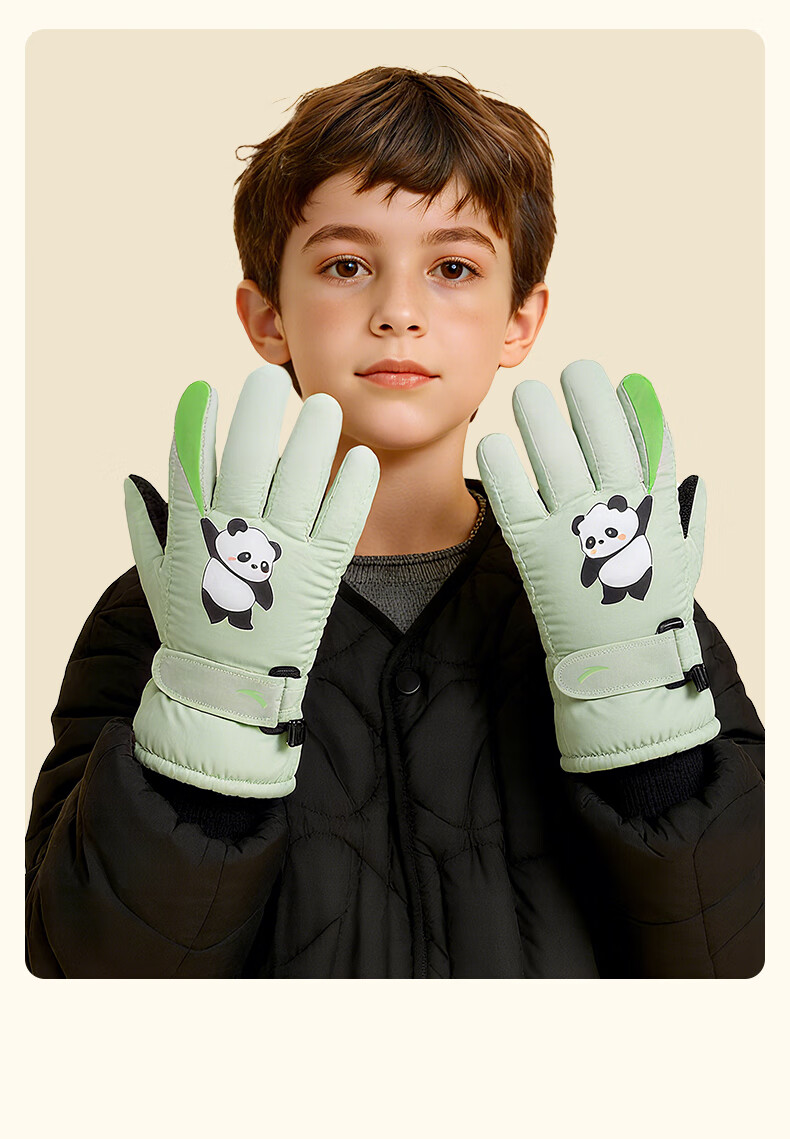 ANTA Kids Winter Thermal Gloves Cold-Resistant Ski Gloves for Boys and Girls, Fleece-Lined Thickened Outdoor Anti-Freeze Five-Finger Gloves, Green M 21