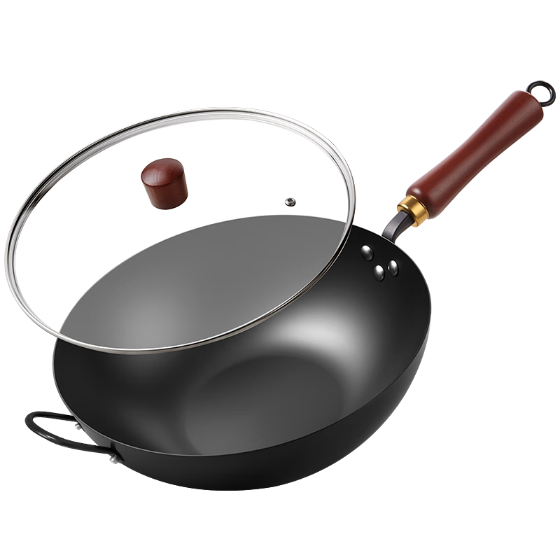CHIGO Authentic Zhangqiu Stir-Fry Pan Non-Coated Cast Iron Flat Bottom Wok Traditional Forged with Lid 34cm