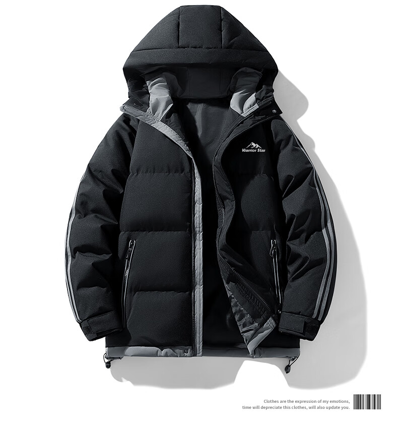 Warrior Men's Cotton Padded Jacket Autumn Winter Hooded Solid Thick Warm Outdoor Cold-Resistant Trendy Puffer Coat 12