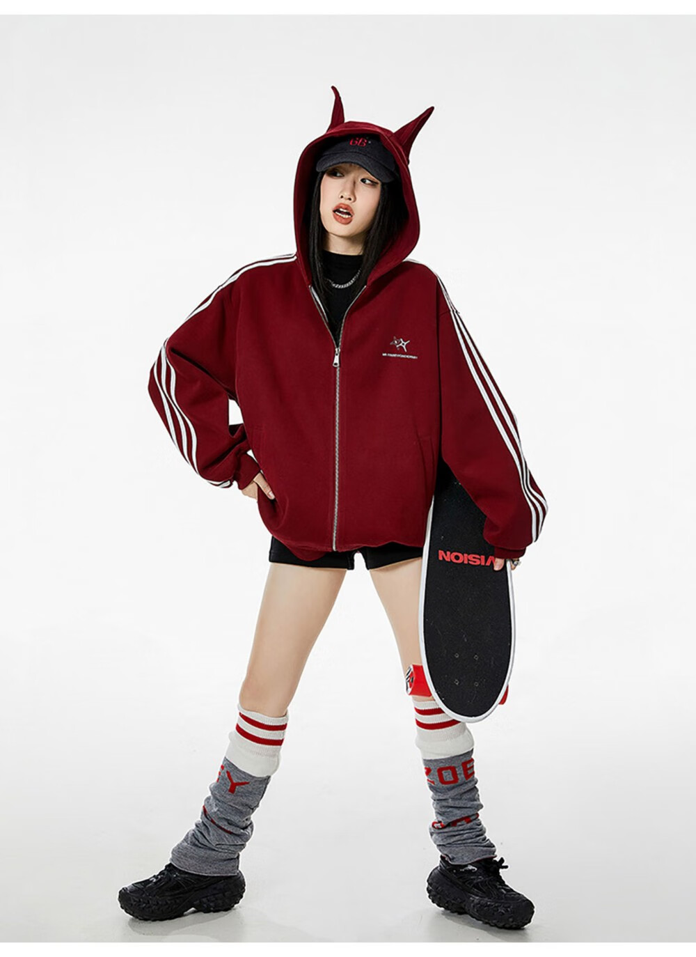 ICH MODE American Vintage Ear Hoodie Cardigan Jacket Women Spring Autumn New Loose Casual Sweatshirt Top Wine Red M 20