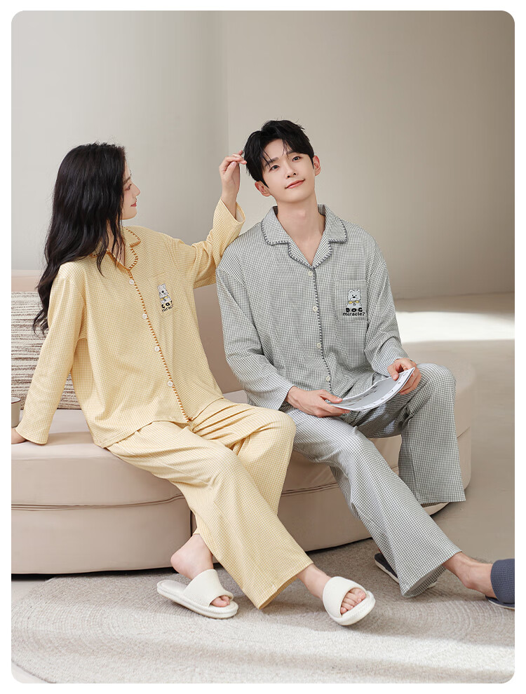 Miiow Couple Pajamas Women 100% Cotton Japanese Style Plaid Long Sleeve Casual Cartoon Homewear Cheese Yellow L 11