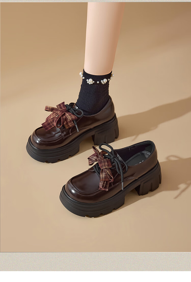Josiny Women's Small Leather Shoes 2025 New Autumn Thick Sole Bowknot Loafers Soft Sole Dress Shoes Brown 37 12