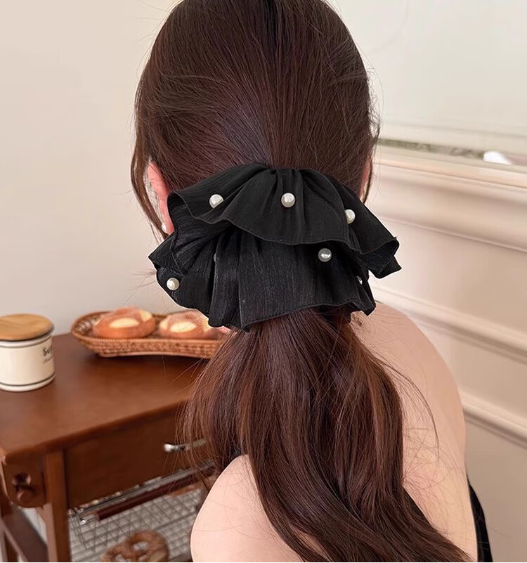 LiQing Four-Layer Lace Pearl Hair Tie [Black Large] Sweet Big Scrunchie Hollow Out Hair Accessory 6
