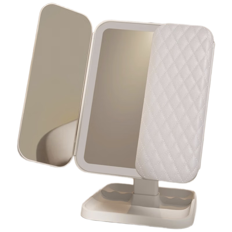 Meebordi LED Lighted Tri-Fold Magnifying Makeup Mirror Large Desktop Vanity Mirror for Dorm Bedroom Smart Beauty Mirror Foldable Student Birthday Gift