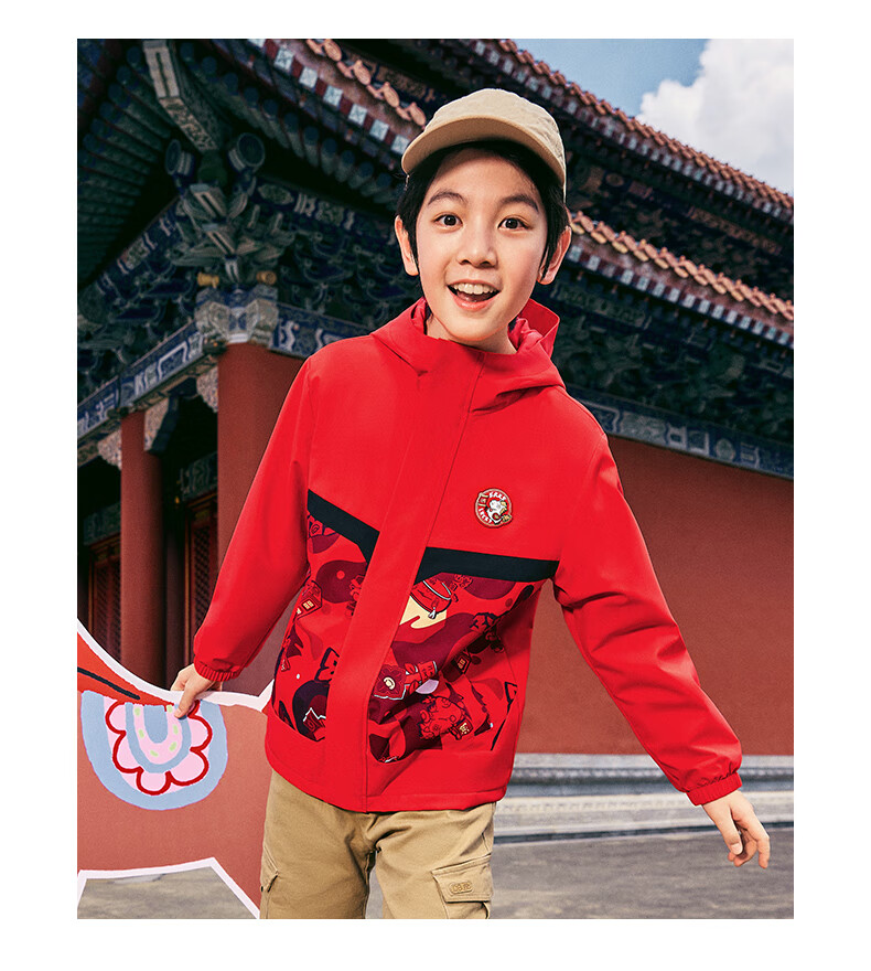 ERKE Kids Boys Girls New Year Coat Children's Four-Protection Technology Thickened Windbreaker Dragon Flame Red 165 15