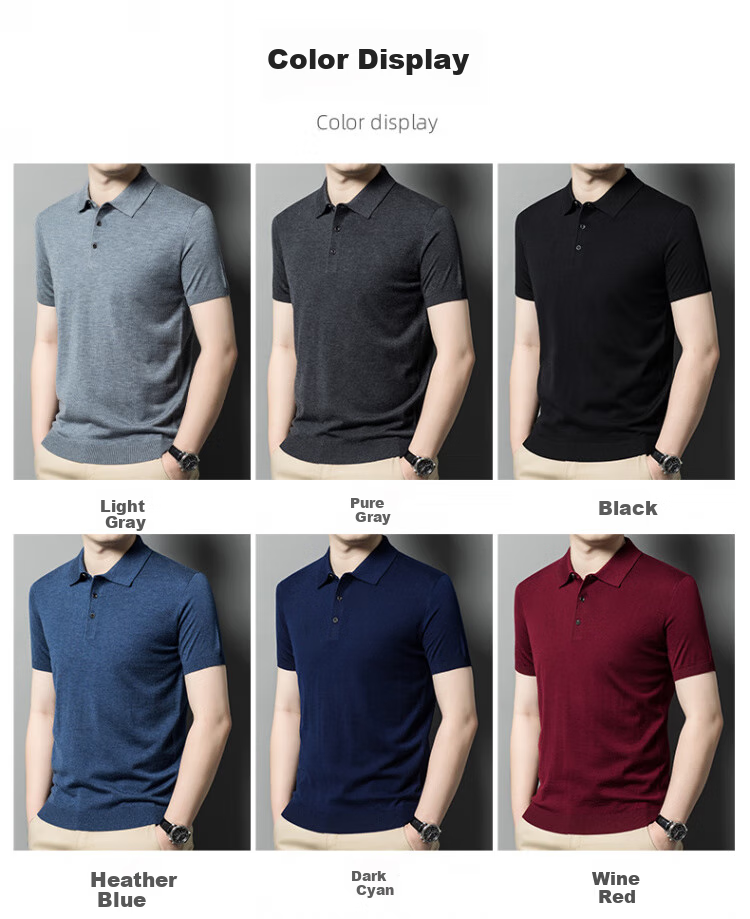 Hengyuanxiang [Contains Wool] Men's Lapel Short-Sleeve Sweater, Middle-Aged Knitted Half-Sleeve Undershirt T-Shirt, Wine Red, L 6