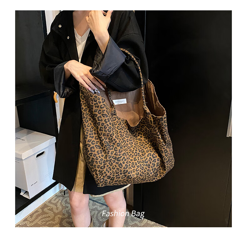 40,000 Kilometers Commuter Leopard Print Canvas Bag Women Fashion Korean Style Casual Versatile College Tote Bag Large Capacity Shoulder Bag 5