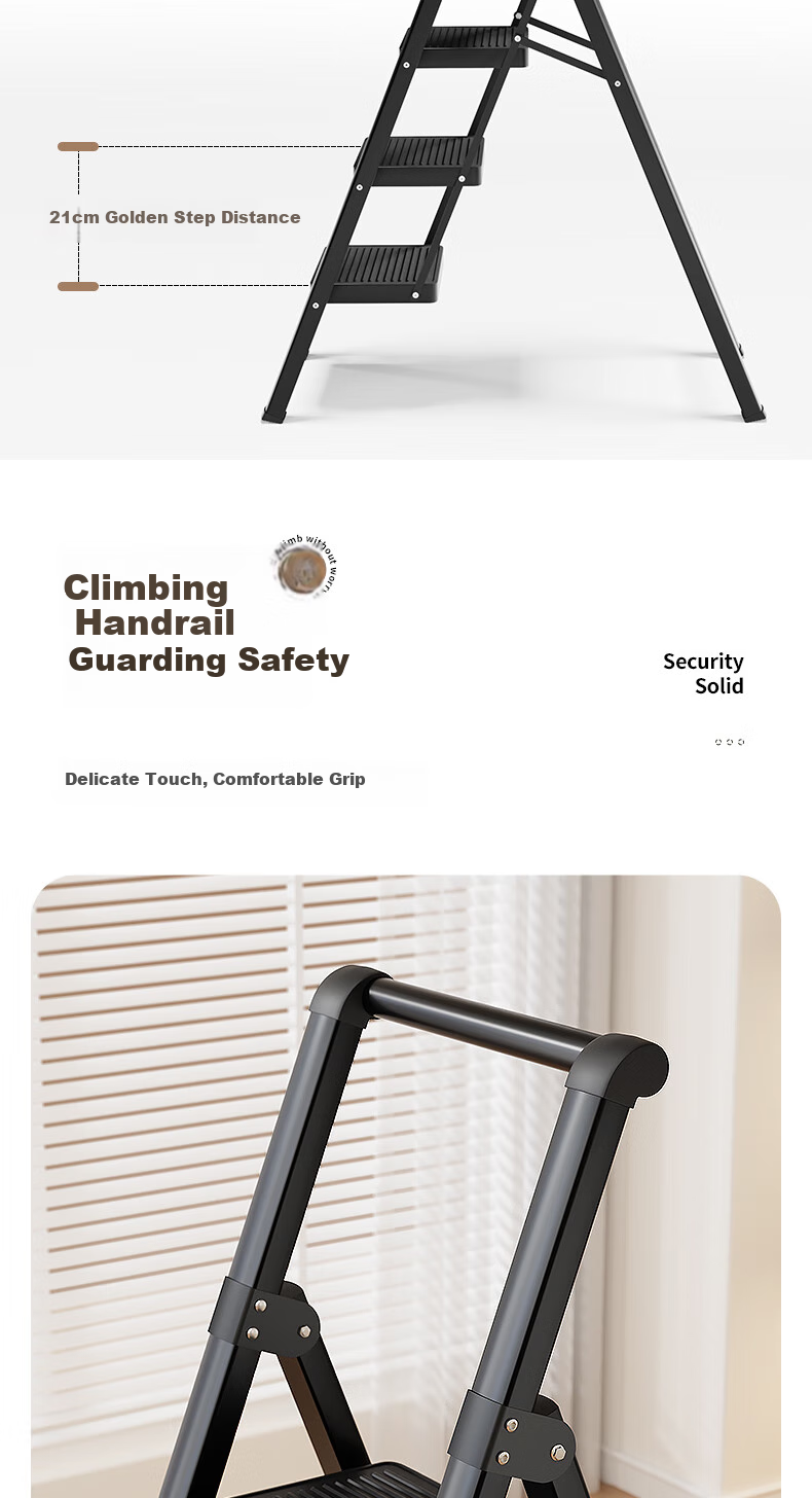 Cenggao Folding Ladder for Home Use, A-Frame with Handrails, Thickened Carbon Steel, Widened Steps, Yadian Black, Five Steps, Export Quality 12