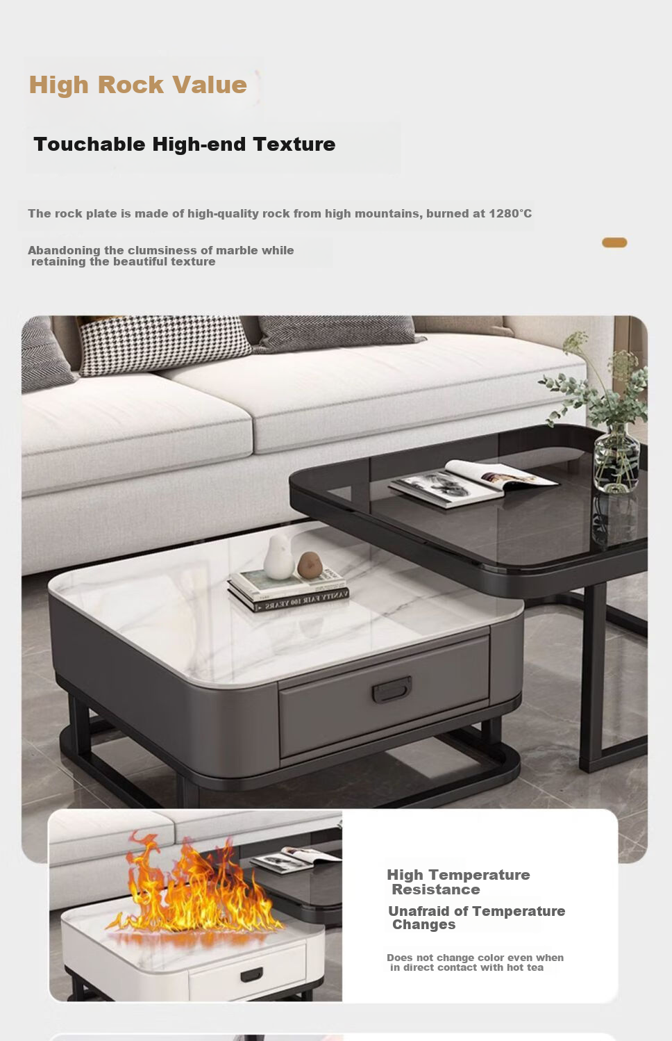 Gupujia Rock Slab Coffee Table, Living Room Modern Minimalist Light Luxury Small Apartment Reception Tea Table, Sofa Glass Side Table, Balcony Small Corner Table 3