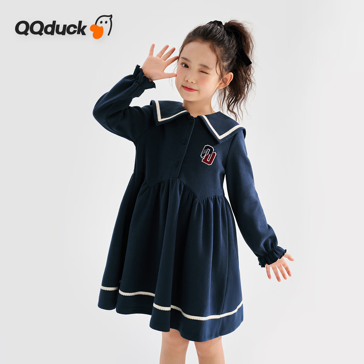QQ DUCK Girls' Dress, Children's Preppy Style Holiday Outfit, Student JK Navy Dress, Big Kids' Clothing