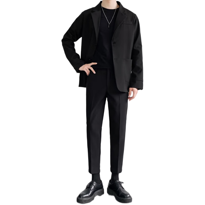 TUCANO Men's Business Casual Suit Set Groom Jacket Formal Trousers Two-Piece Black 3XL