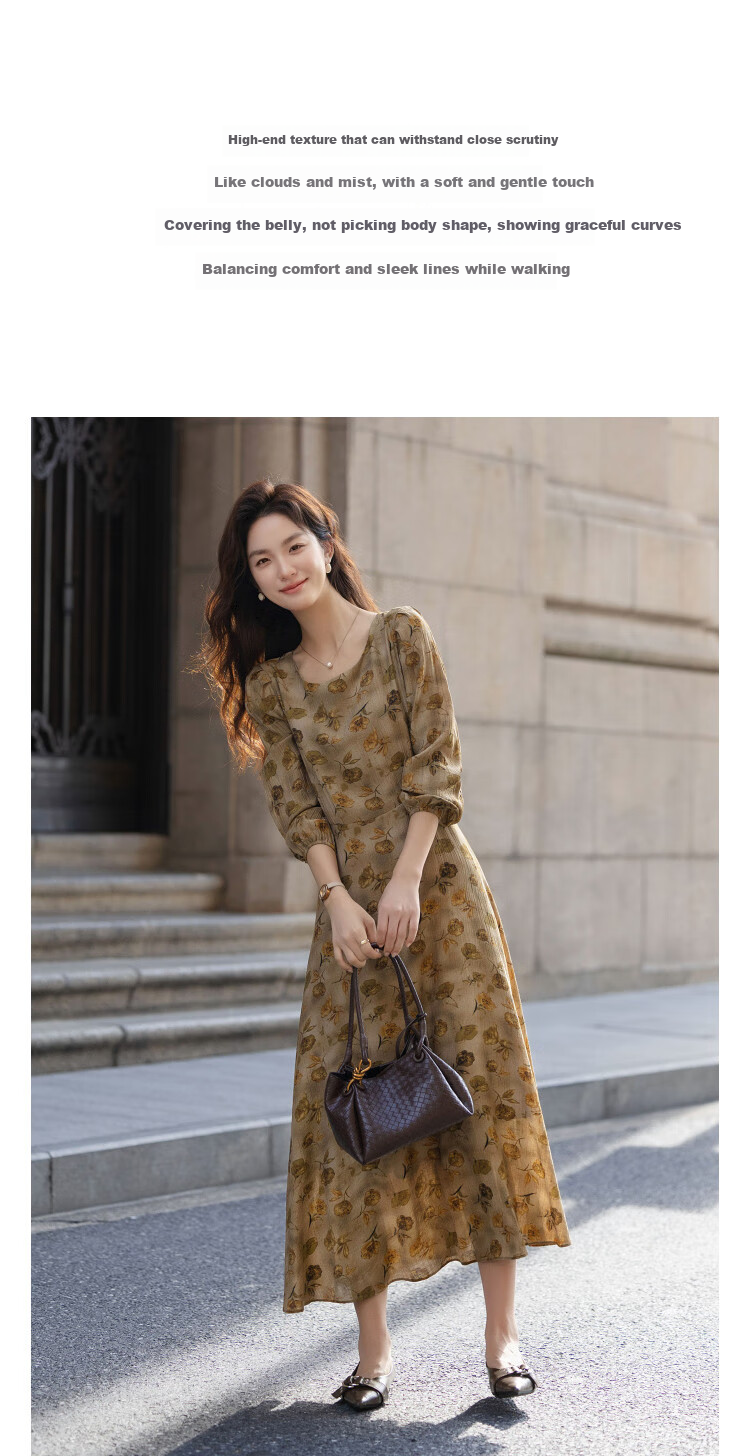 Dme [Retro Garden] Autumn French Floral Waist-Cinching X-Shaped Elegant Petite Adjustable Belt Dress for Wome 3