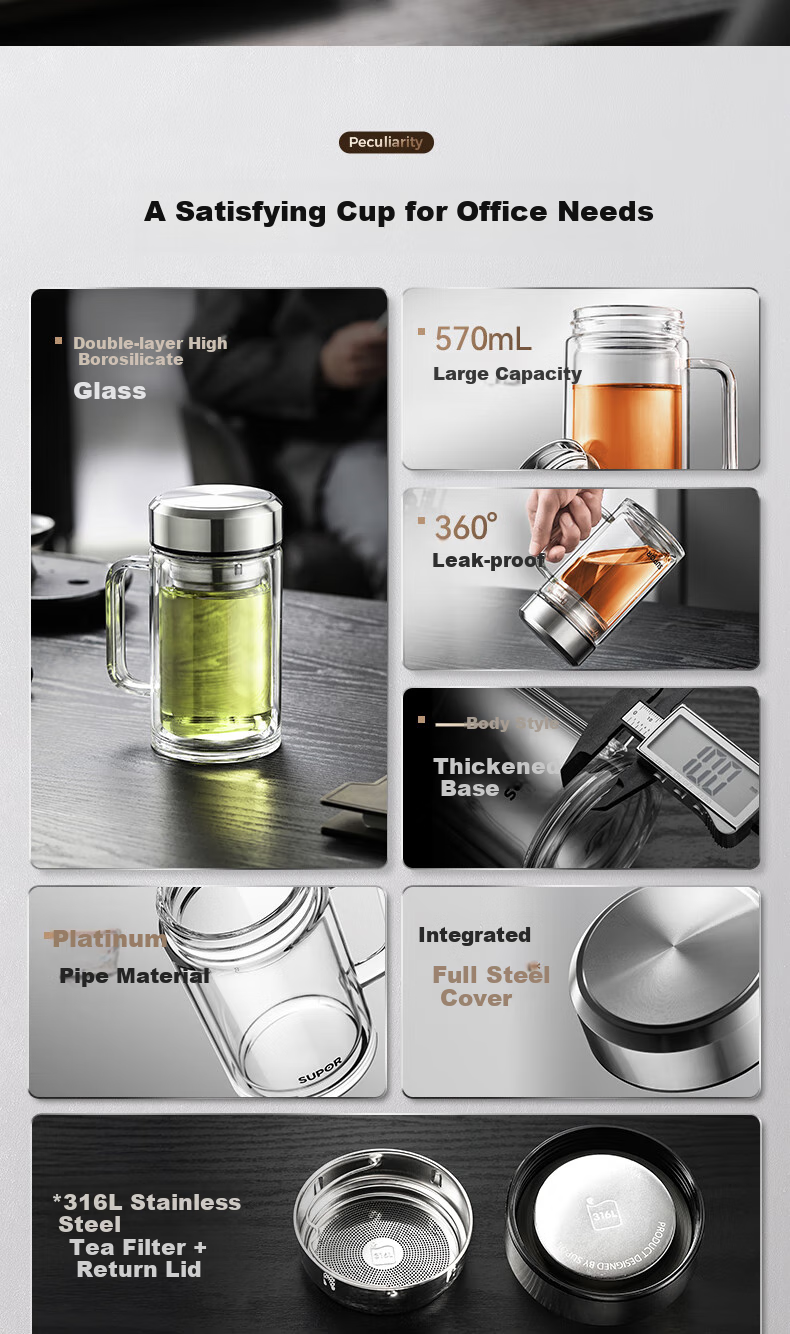 SUPOR Double-Layer Glass Cup for Men, Home Tea Infuser Cup with Handle, Business High-Quality Mug for Office Use 2