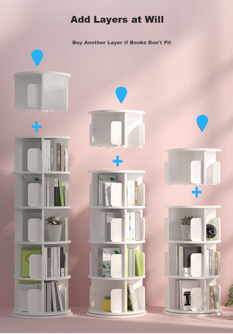 Yijia Rotating Bookshelf, 360-Degree Floor-Standing Student Creative Storage Bookcase, Multi-Layer Organizer Rack, White, Five-Tier 10