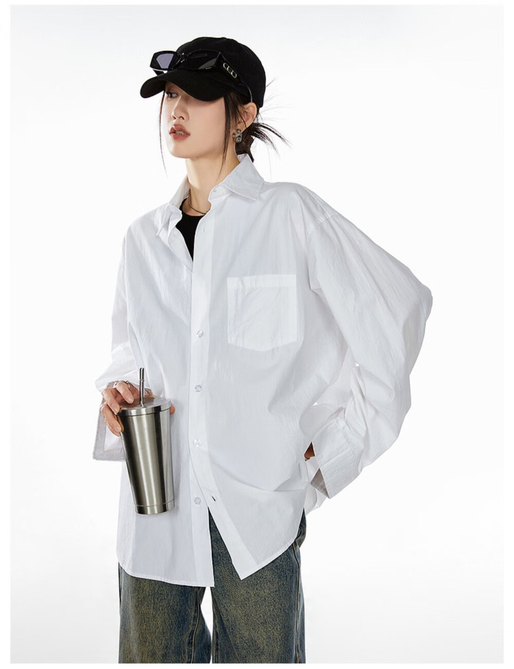ICH MODE American Vintage White Shirt Women Casual Loose Fit Trendy Blouse Jacket Top Lazy Style White M 14