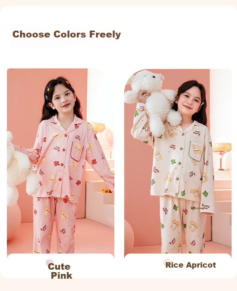 Fenteng Children's Pajamas for Girls, Antibacterial Pure Cotton Spring Cartoon Long-Sleeve Sleepwear for Older Kids 8