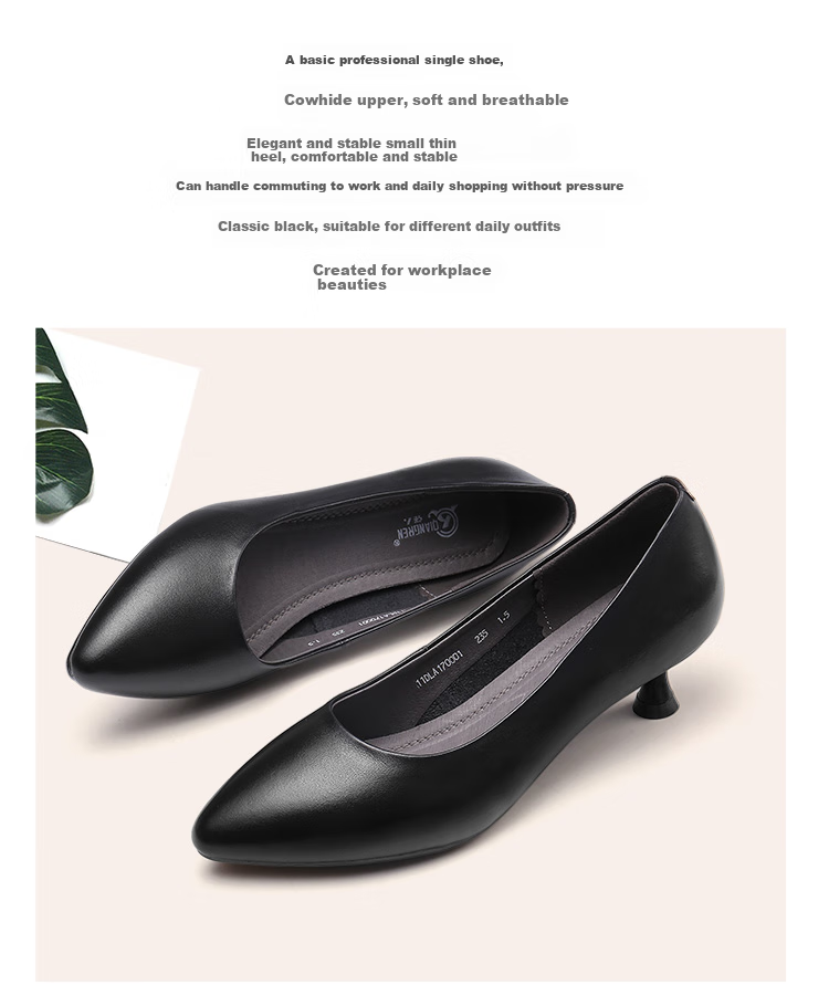 Qiangren Pointed Toe Women's Flats, Shallow Mouth Mid-Heel Breathable Leather Shoes, 4CM Work High Heels, JDLA170001, Black, Size 35 2