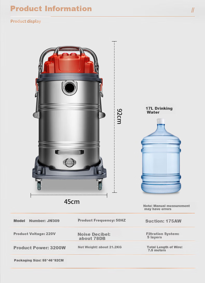 Jienuo 3200W Commercial Industrial High-Suction Vacuum Cleaner for Workshop And Factory, Powerful Wet And Dry Dual-Use Dust Removal Machine with 70L Large Capacity JN309 Floor Brush Deluxe Model 20