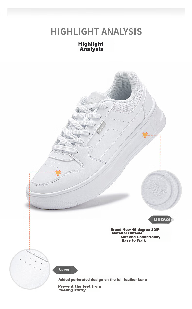 361° Women's Classic White Shoes for Autumn School Season Casual Board Shoes 682536622-1 24