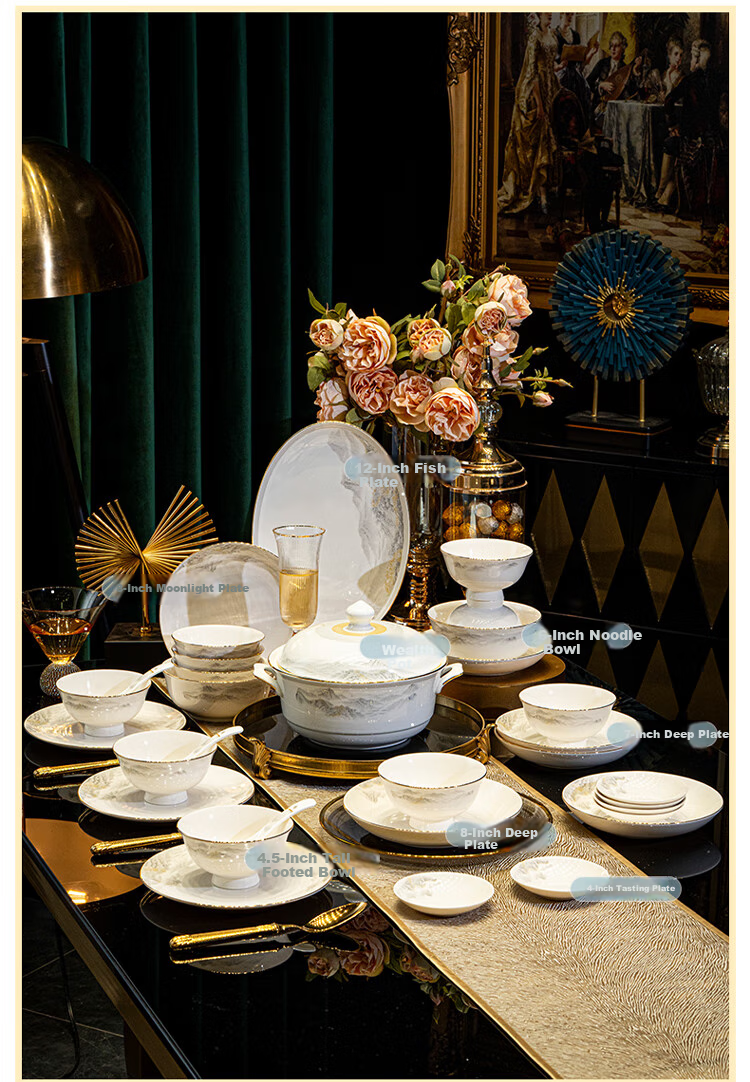 Haoya 82-Piece Jingdezhen Ceramic Dinnerware Set with Bowls, Plates, Spoons, Chopsticks, Complete Household Set for Housewarming And Good Luck 5
