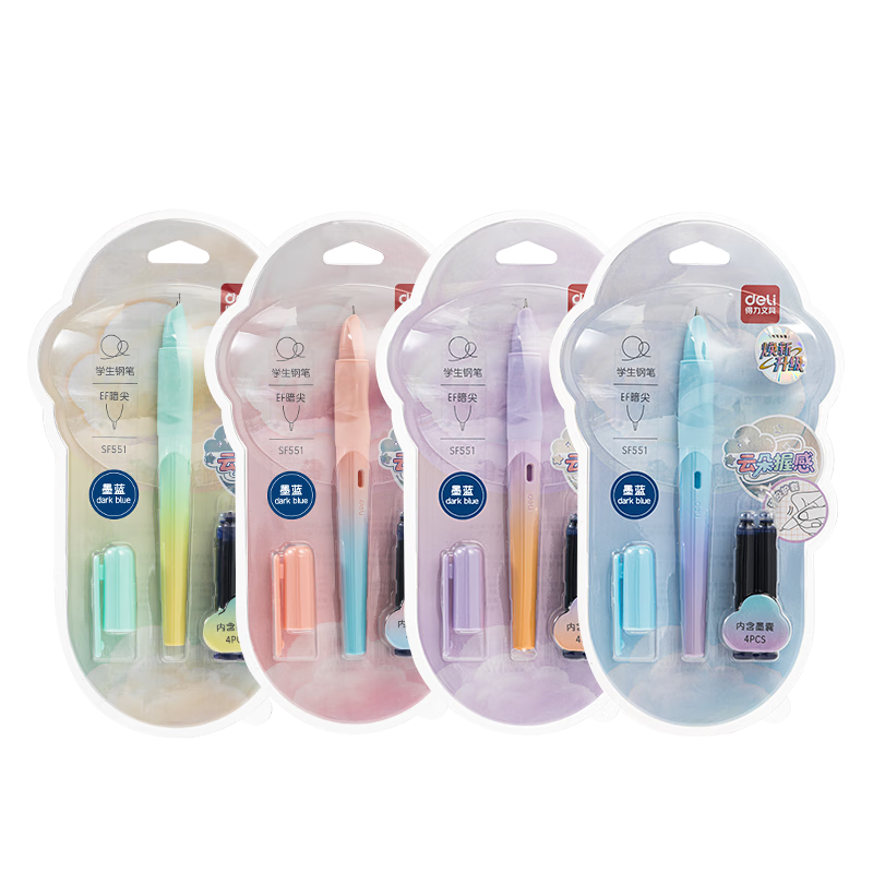 Deli Soft Grip Silicone Protective Student Calligraphy Fountain Pen EF Nib Posture Correction Stationery (1 Pen with 4 Blue Ink Cartridges) SF551 EF Nib (Approx. 0.38mm) Color Random