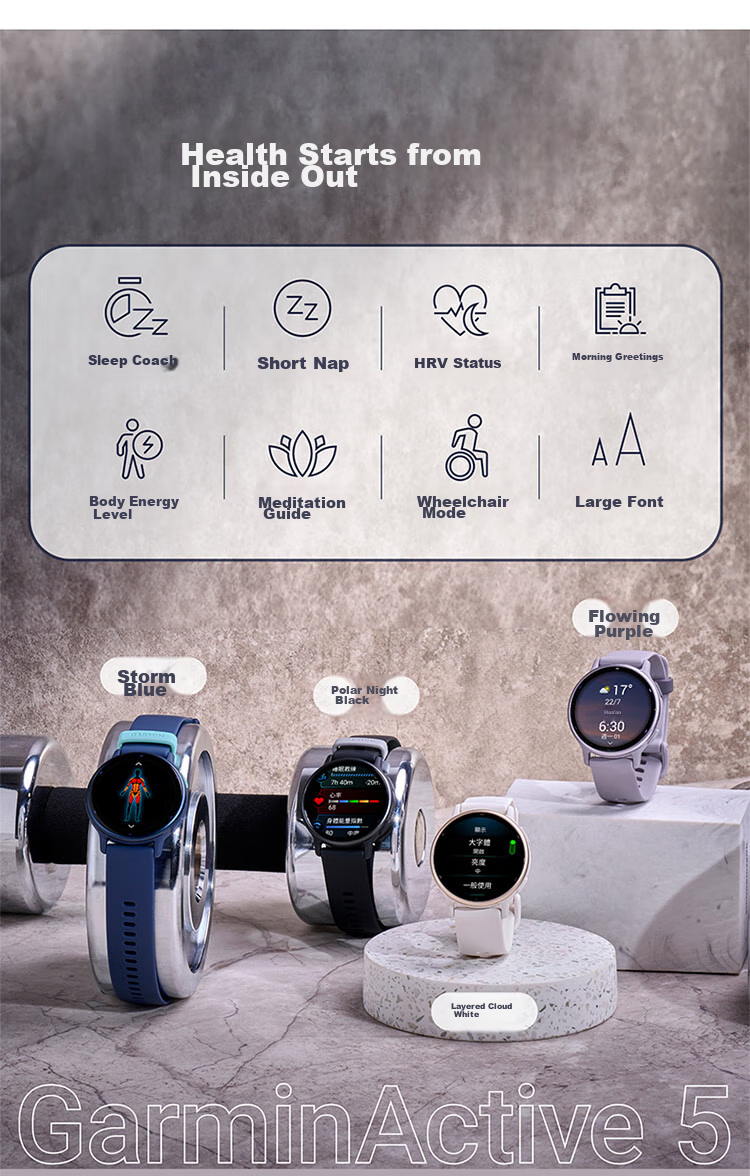 GARMIN Active5 Midnight Black Smartwatch for Heart Rate Monitoring, Cycling, Swimming, Fashion Sports, Birthday Gift 2