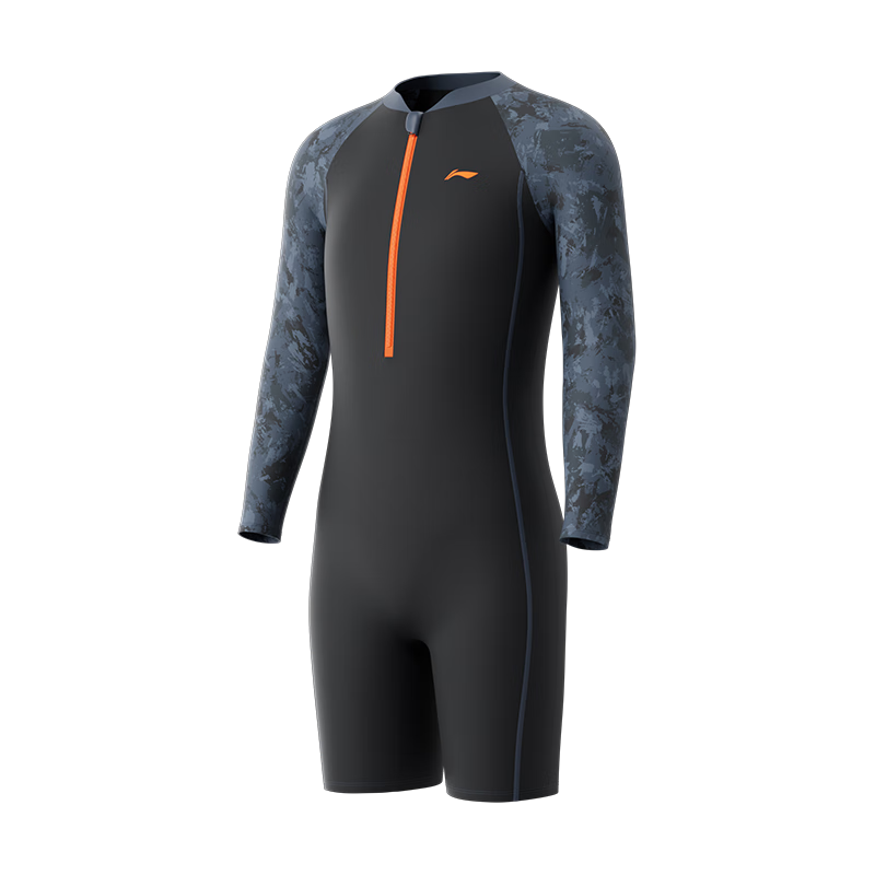 LI-NING Youth Boys Comfortable Sports One-Piece Short Sleeve Square Leg Professional Training Swimsuit 8102 Gray Black 140