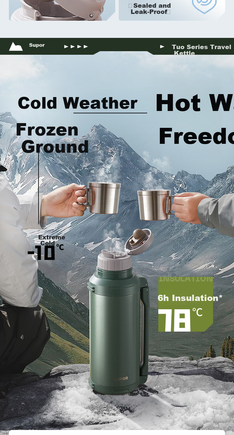 SUPOR Insulated Bottle, 316L Stainless Steel, Large Capacity Thermos, Car Water Bottle, Outdoor Travel Flask, Hot Water Bottle, 2.0L, Gree 4