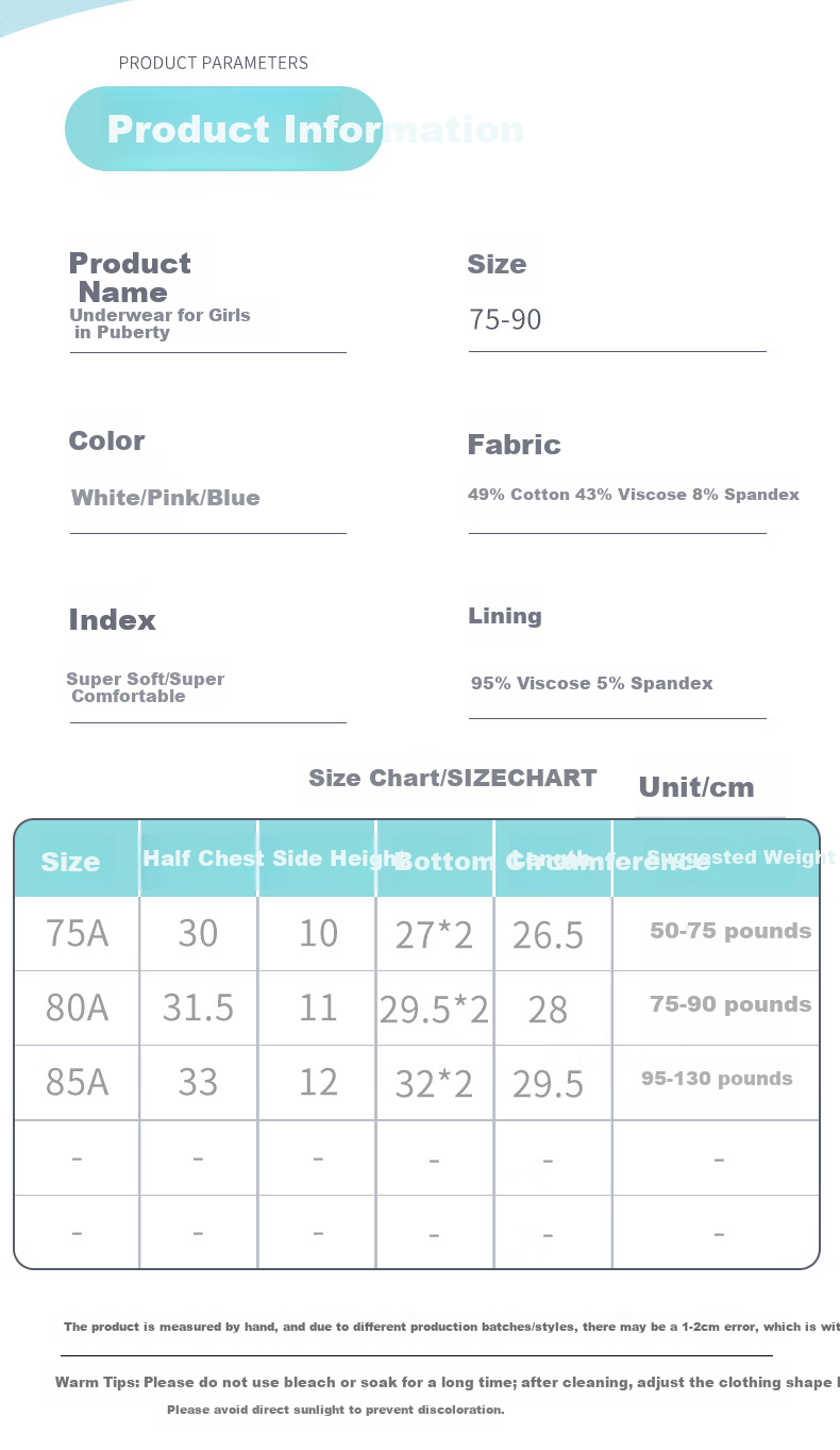 Dingguagua 2-Piece Girls' Underwear, First Stage Children's Puberty Cotton Anti-Nipple Show Bra for 8-14 Year Old Girls 8