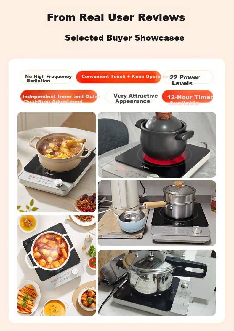 Midea Electromagnetic Cooker, Ceramic Cooktop, Battery Stove, 2200W High Power, Intense Heat, Tea Brewing, Water Boiling, Stir-Frying, Hot Pot, Electric Stove, Tea Maker, Dual Ring Temperature Control, Suitable for All Cookware, HW22E02 4