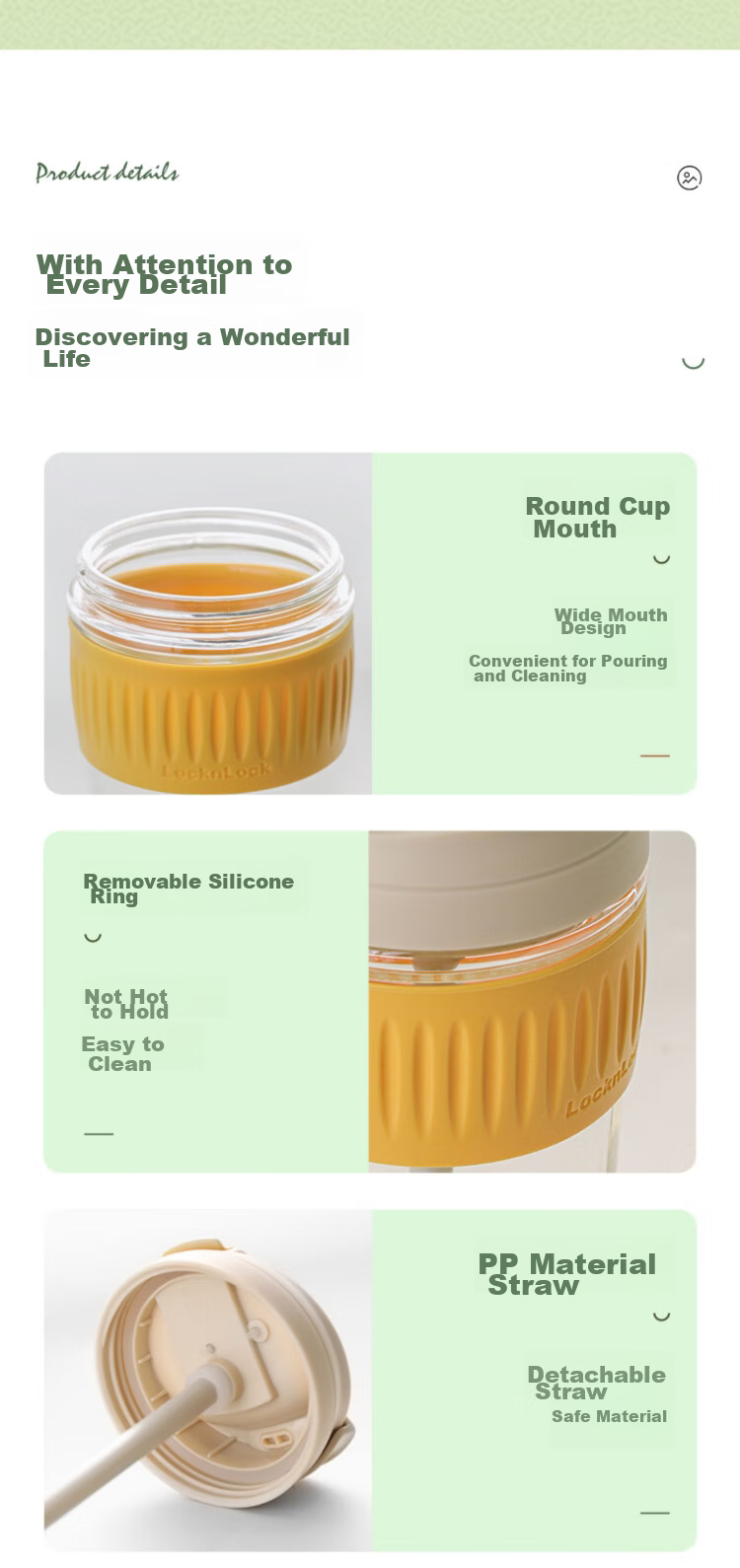 LOCK&LOCK Portable Coffee Mug Glass Cup with Straw, Handheld Cup, Cute Milk Cup, 350ML Yellow 13