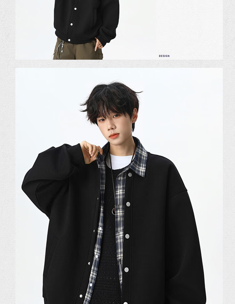 Dingfengbaoluo American Plaid Patchwork Two-in-One Cardigan Sweatshirt High-End Loose Casual Jacket XDO12 Black M 4