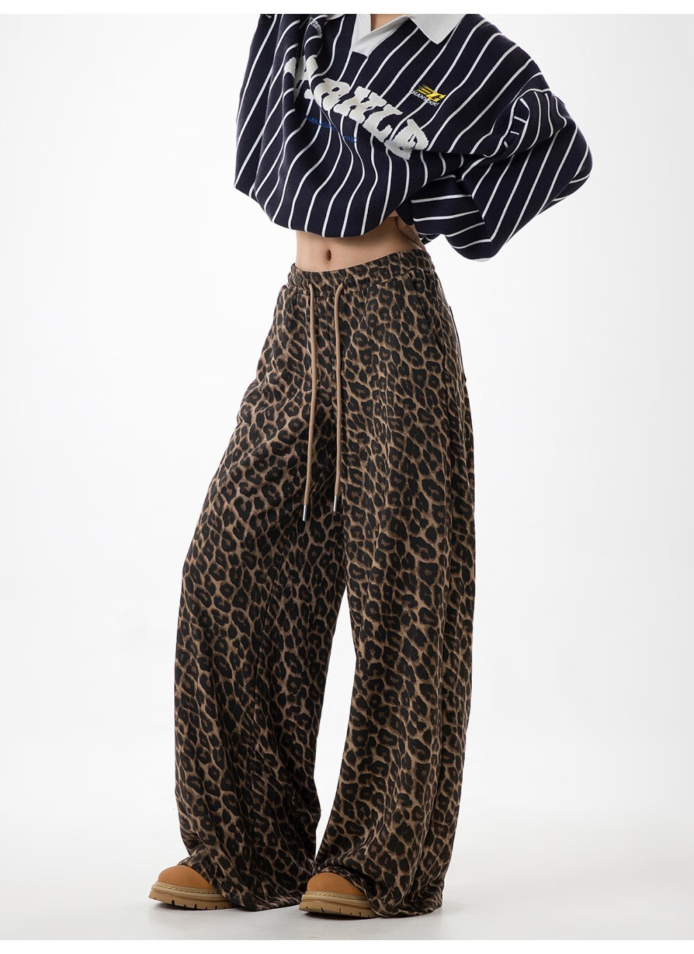ICH MODE American Style Leopard Print Pants Casual Women's Pants 2026 Spring Summer New Loose Wide Leg Straight Pants Lazy Style Coffee Color Leopard Print XL 10