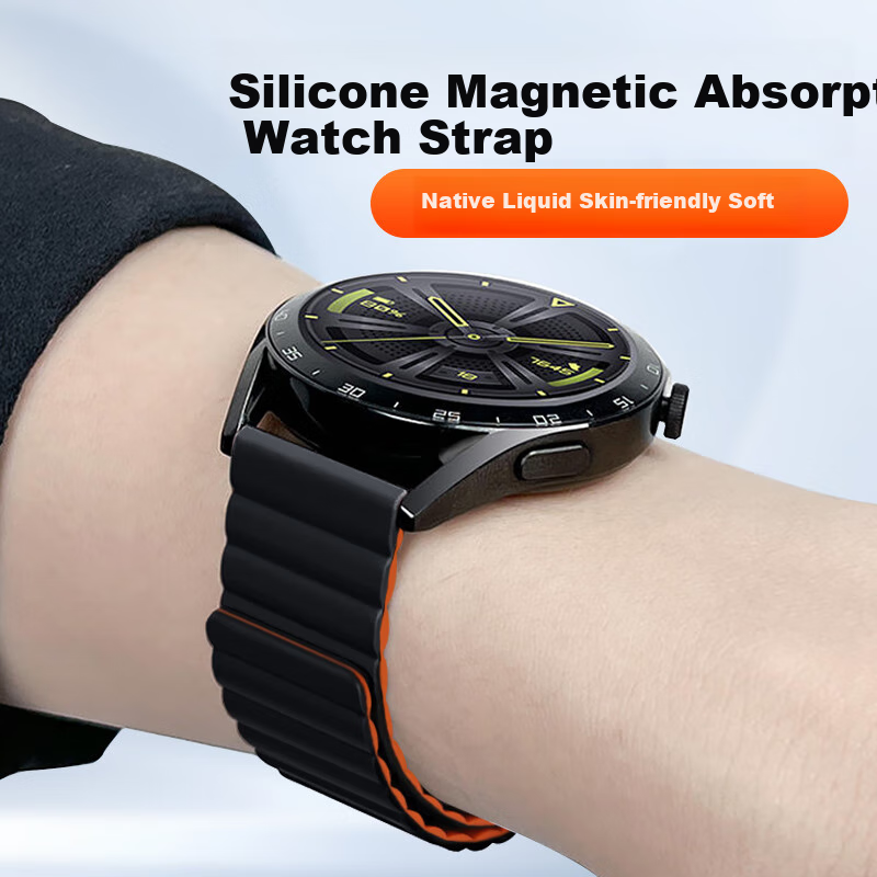 Masisi Compatible Huawei Watch Band for Watch4/3/GT4/3/2/Pro/Honor Magic2 Magnetic Silicone Black with Orange 20mm